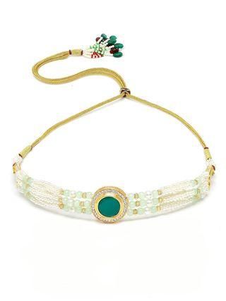 Karatcart Lime Green Beads and Pearl Beaded Green Polki Kundan Choker Necklace Set